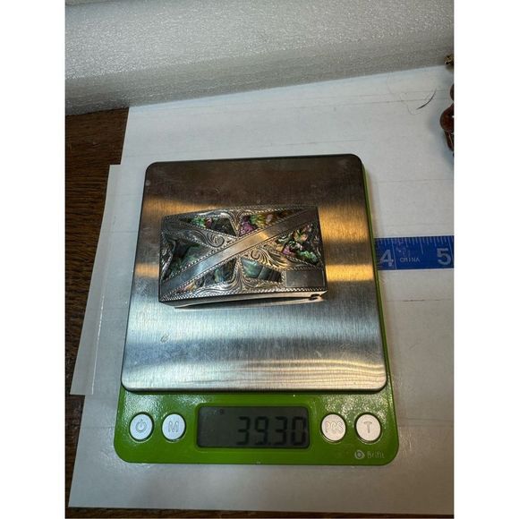 Vintage 925 Sterling Silver Inlay Abalone Etched Belt Buckle